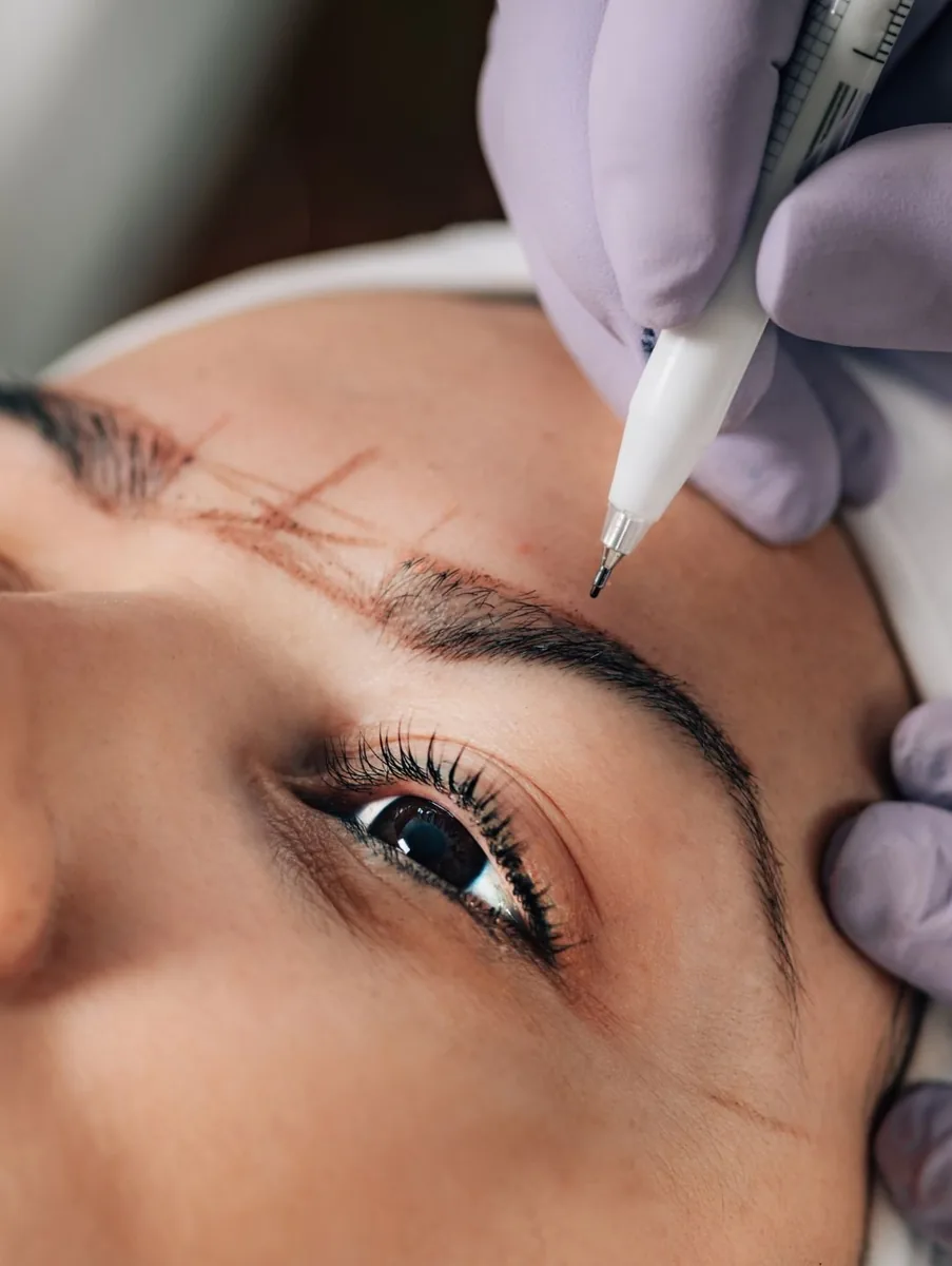 Permanent makeup applied along the brow