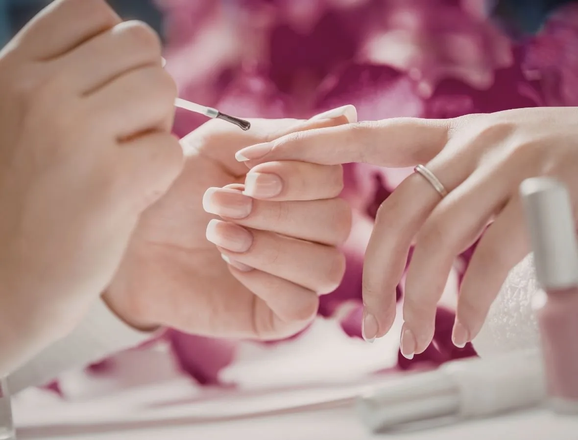 A manicure in progress at the nail station