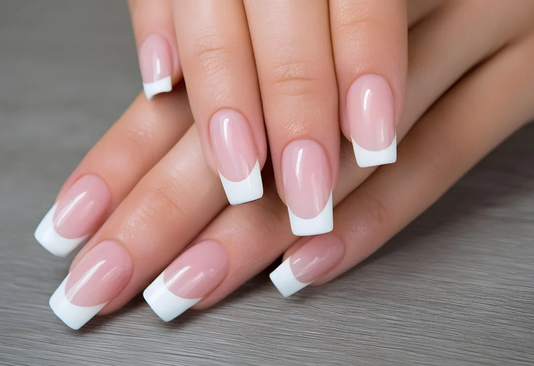 A French manicure finished at the nail station