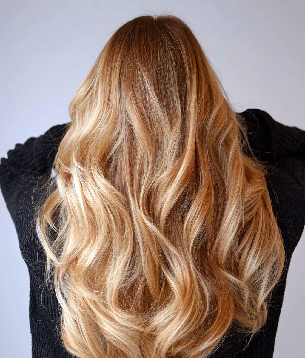 A blonde balayage blowout finished in the salon