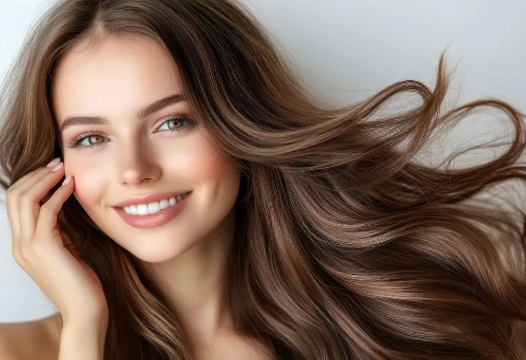 A client with long, freshly styled brunette hair